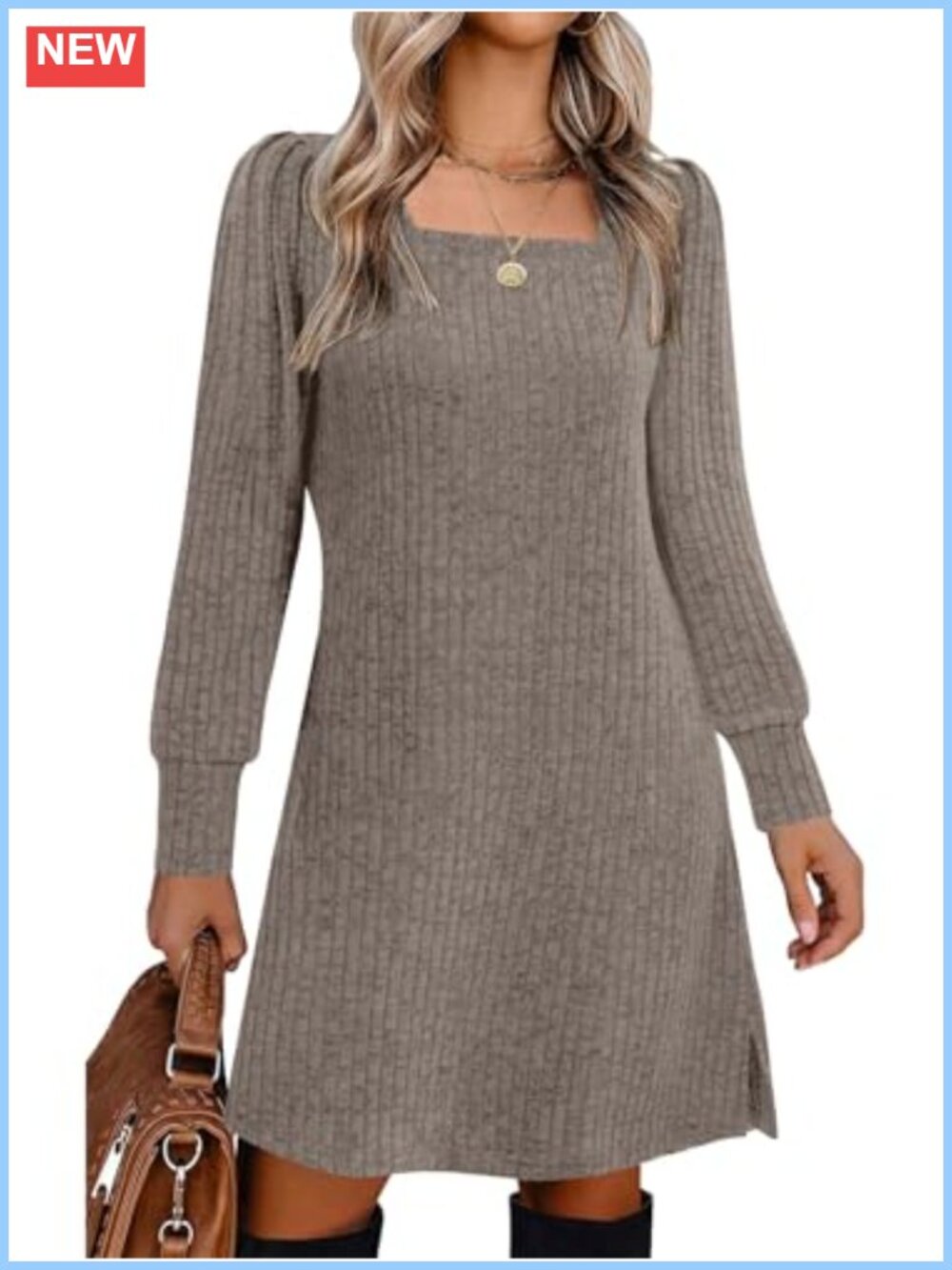 Ribbed Knit Sweater Dress Long Sleeve Square Neck A-Line Knee-Length